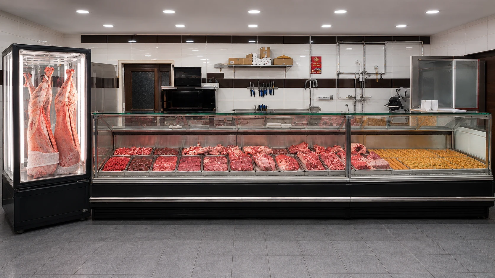 Köttdisken i butiken: en lång kyldisk full av styckat kött och bredvid ett kylskåp med hela lamm.
